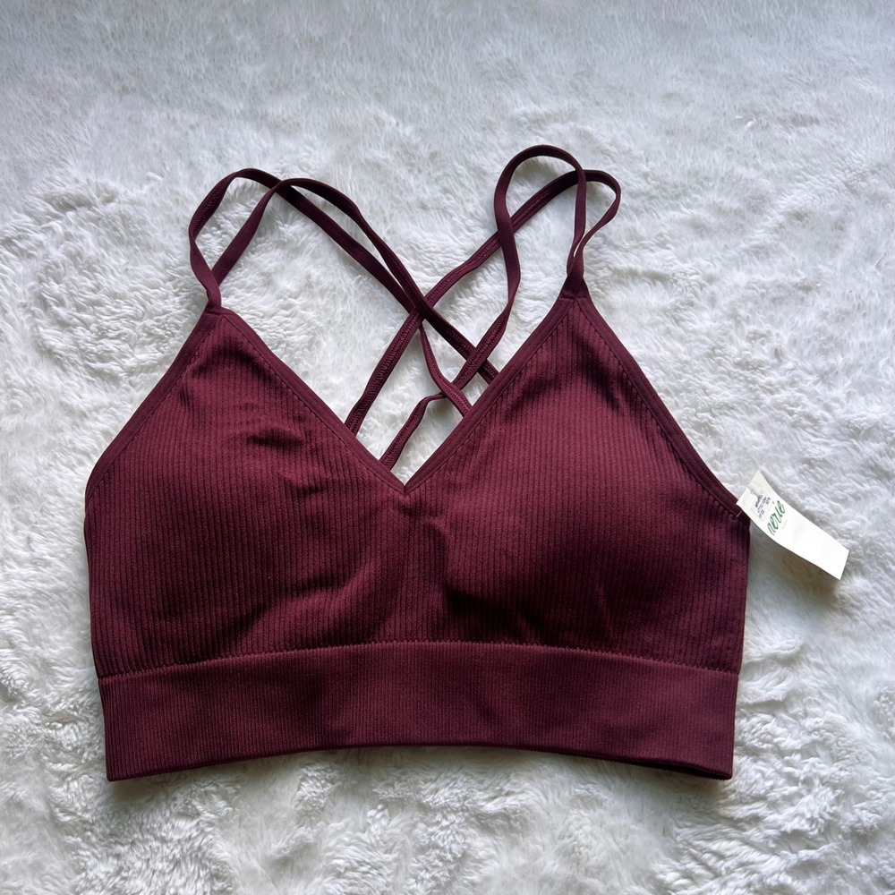 Aerie Real Good Ribbed Bralette Burgundy Strappy Back V-Neck Padded Medium NEW